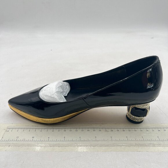 FSJ Black-gold Trim Bridal Pointed Toe Block Low Heel Crystal Pumps - Picture 2 of 8